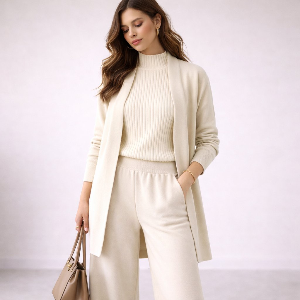 Damen Loungewear Set mit Rippstrick-Oberteil, Hose und Cardigan