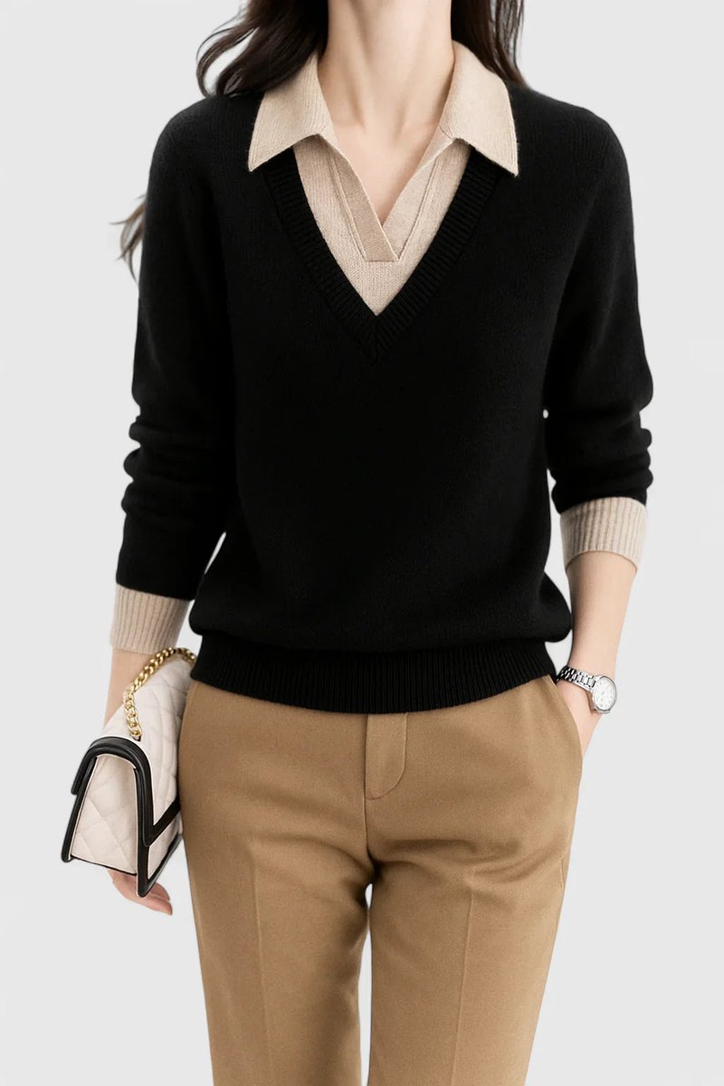 Damen V-Ausschnitt Pullover mit Kragen und Manschettendetails