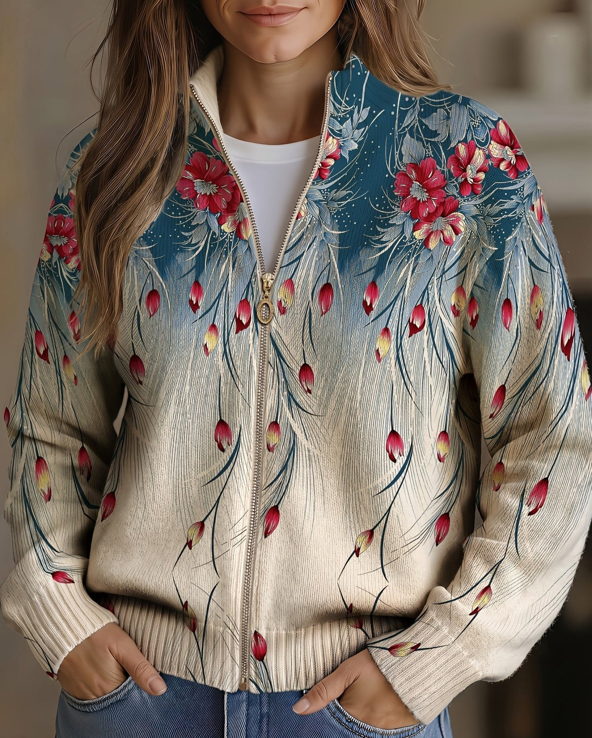 Damen Blumenmuster Stehkragen Strickjacke mit Reißverschluss, Beige/Blau/Rot