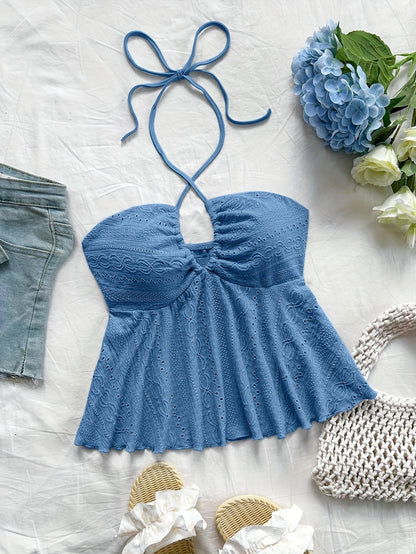 Damen Halter Babydoll Top mit Stickerei und Vintage-Charme – Verspieltes Sommertop