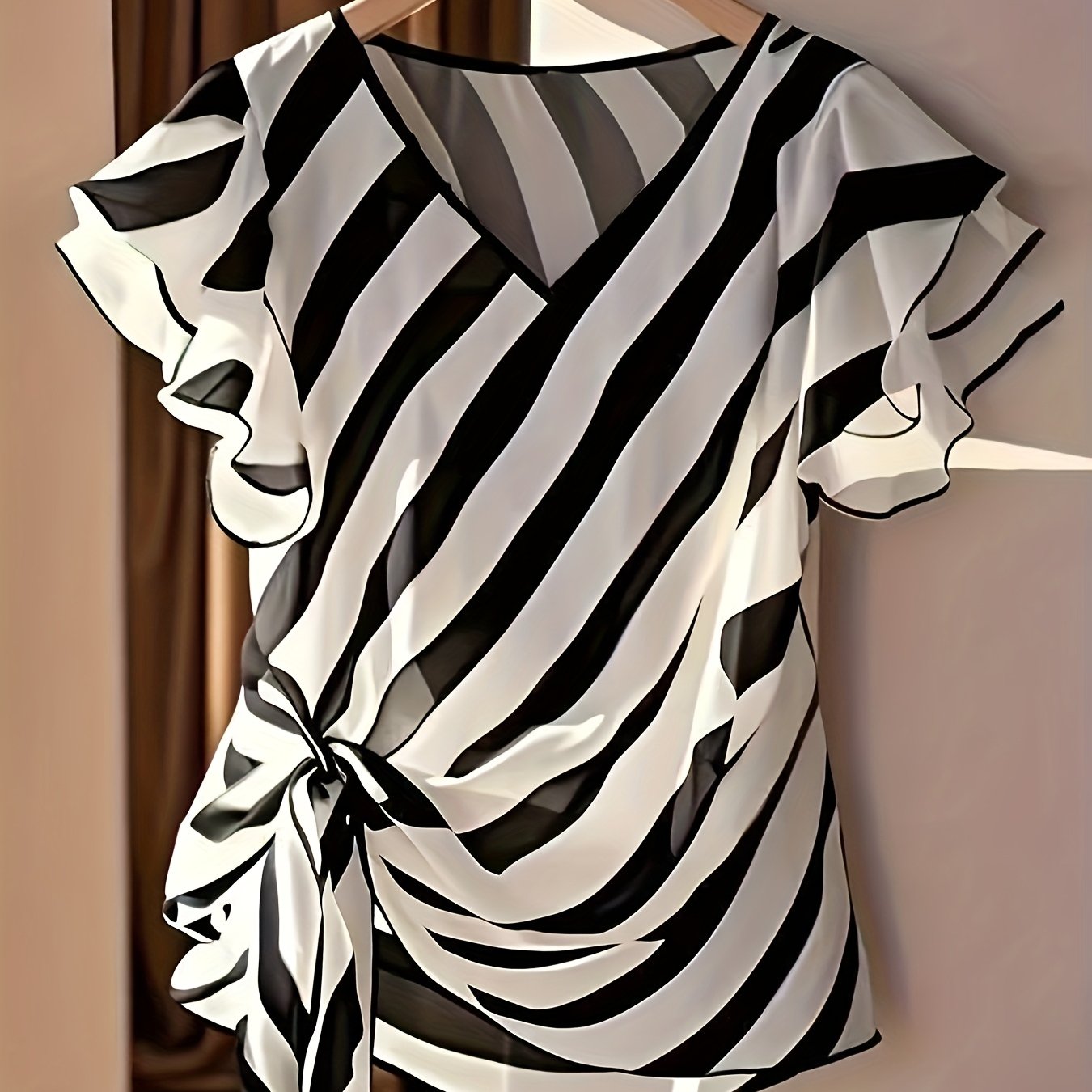 Damen Bluse mit Streifenmuster und Volantärmeln – Elegante Wickelbluse für Büro und Freizeit