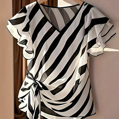 Damen Bluse mit Streifenmuster und Volantärmeln – Elegante Wickelbluse für Büro und Freizeit