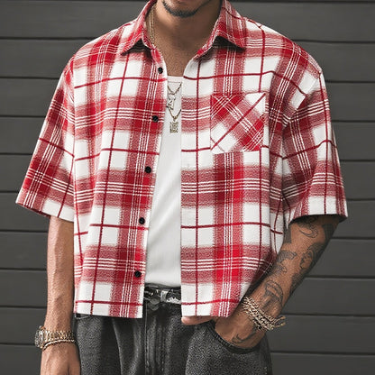 Herren Oversize Karohemd Kurzarm Streetwear Freizeitstil