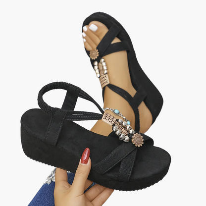 Damen Plateau-Sandalen mit Boho-Perlendekor und bequemem Keilabsatz – Vintage Sommerschuhe für Alltag & Urlaub