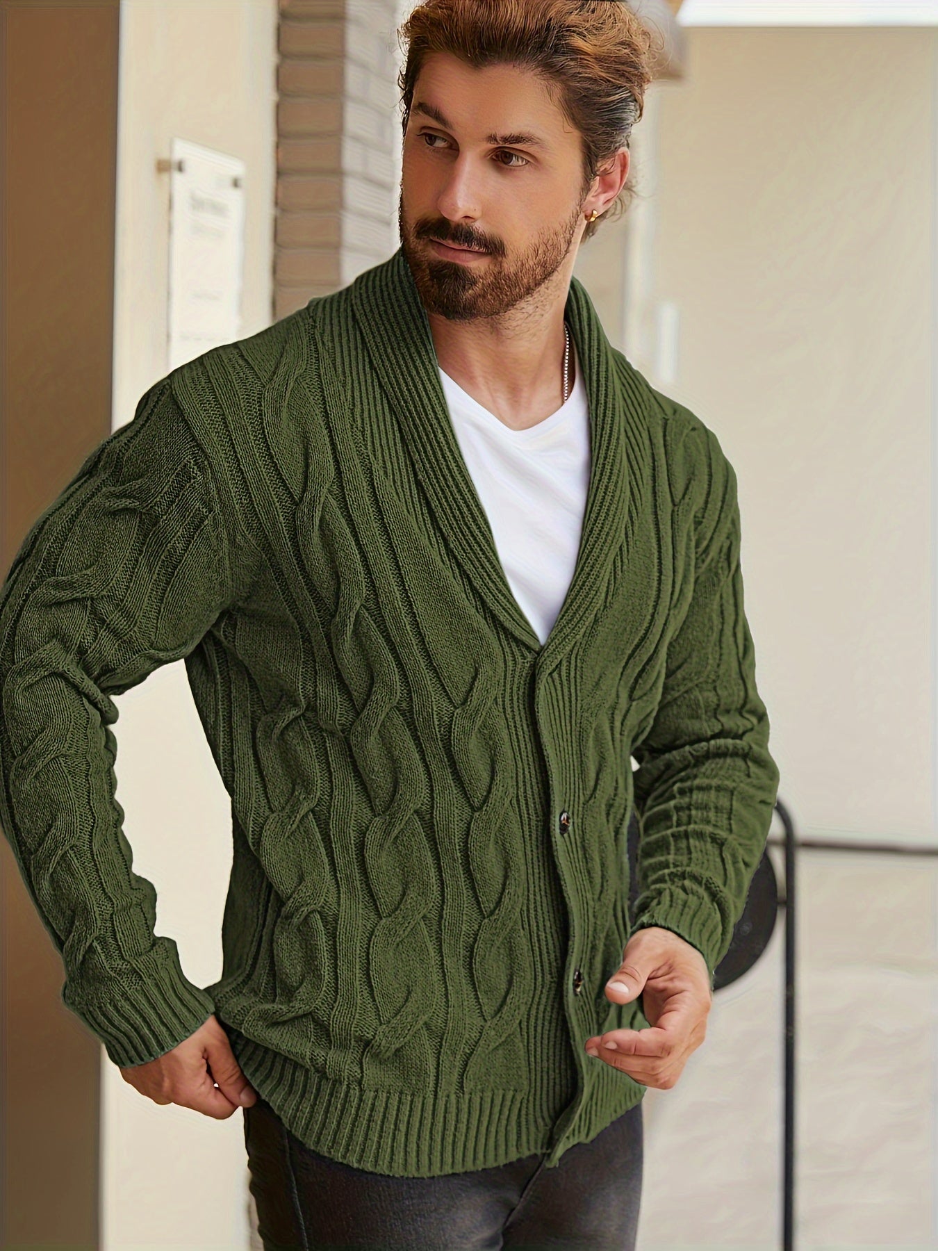 Herren Strickjacke Zopfmuster Schalkkragen Knopfleiste