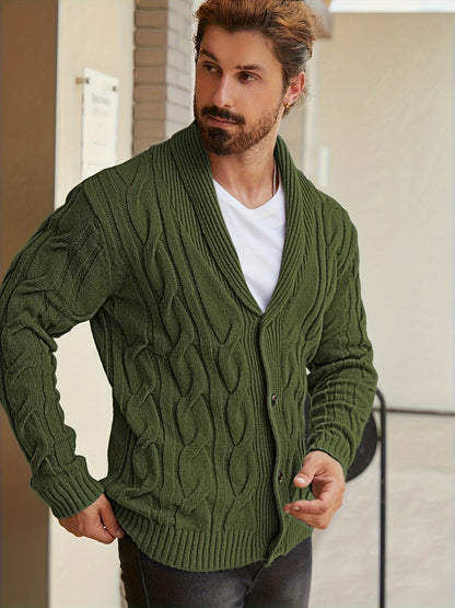 Herren Strickjacke Zopfmuster Schalkkragen Knopfleiste