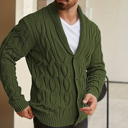 Herren Strickjacke Zopfmuster Schalkkragen Knopfleiste