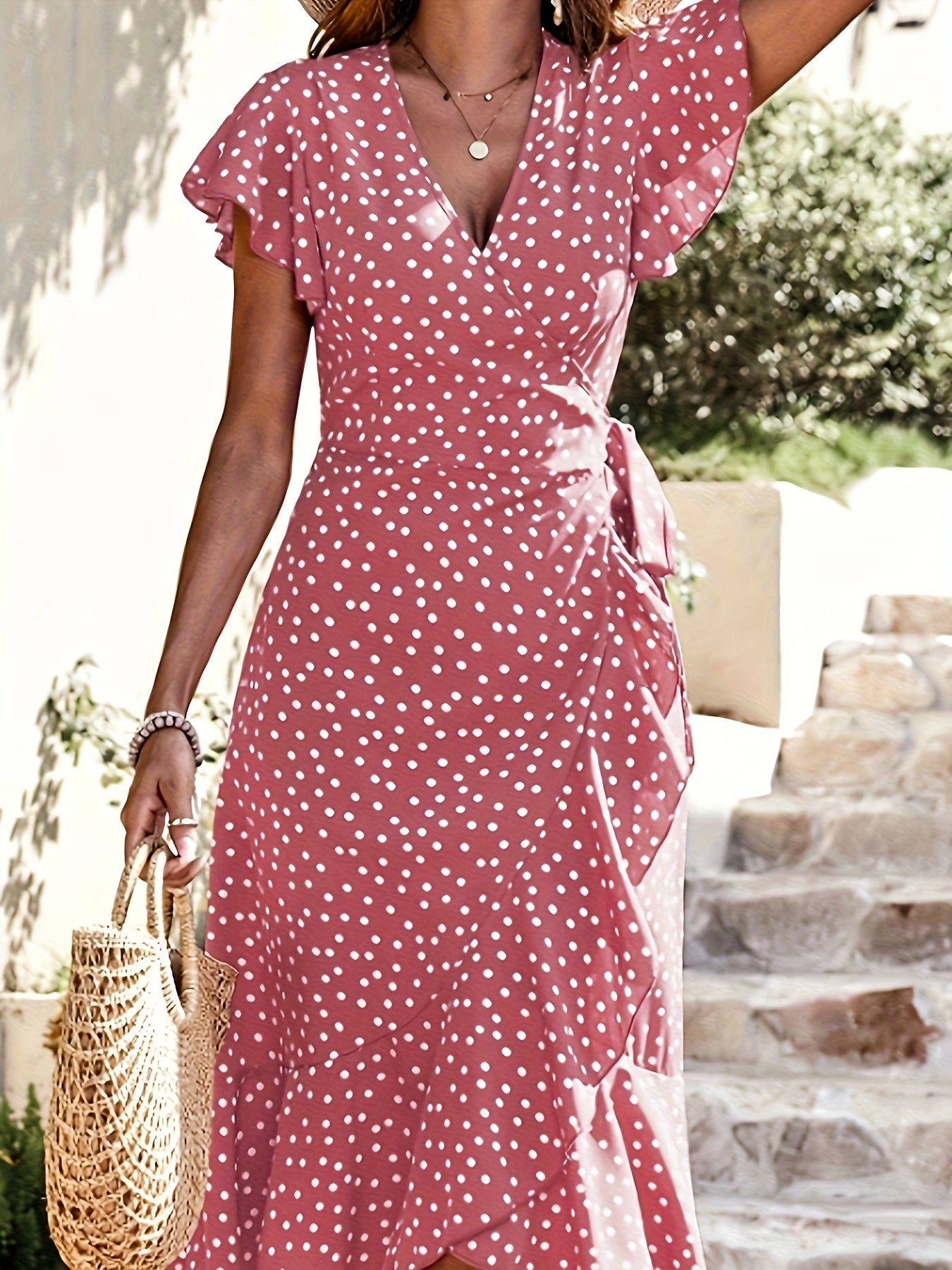 Damen Elegantes Polka-Dot Wickelkleid mit Rüschen – Stilvolles Sommerkleid für Alltag & Freizeit