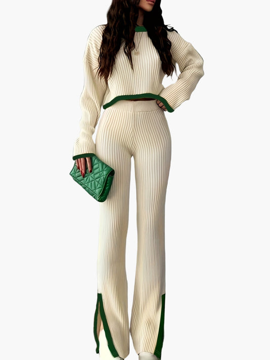 Damen Elegantes Strickset mit weitem Bein – Perfekt für Herbst und Winter, modischer Zweiteiler mit Pullover und Hose
