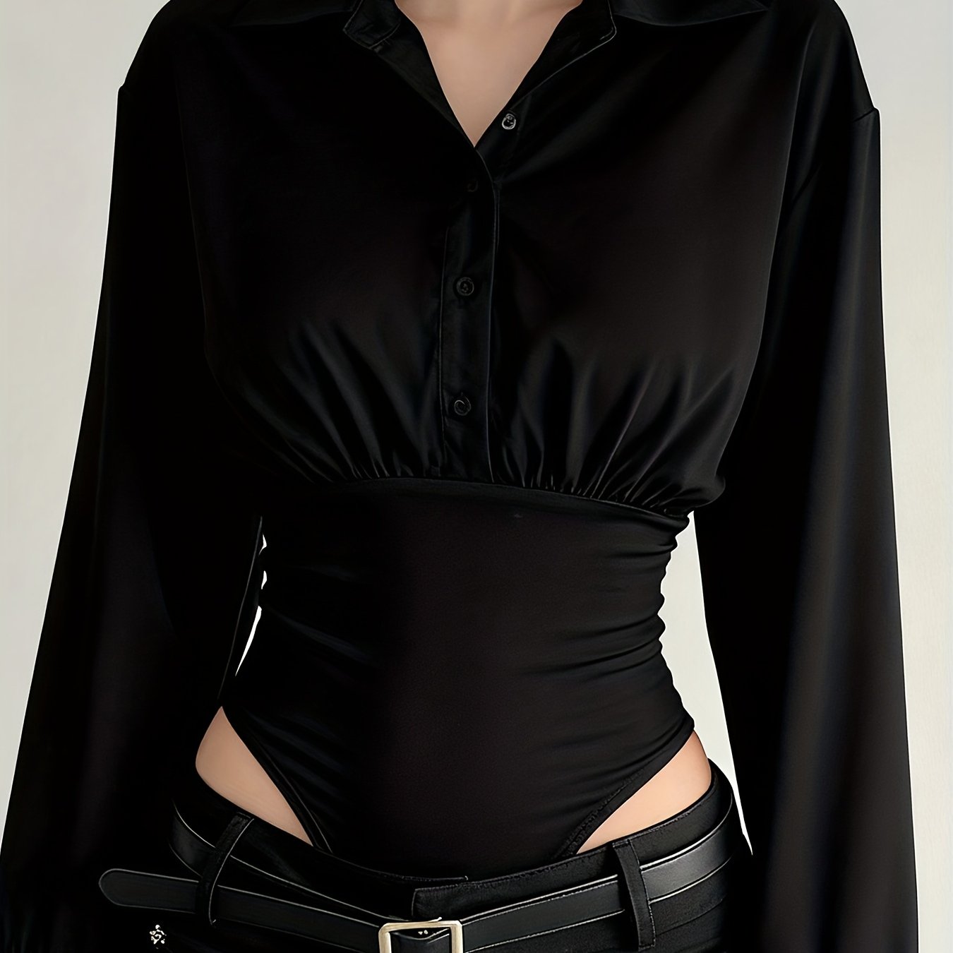 Damen Body Bluse Langarm Hemdblusen-Stil mit geraffter Taille