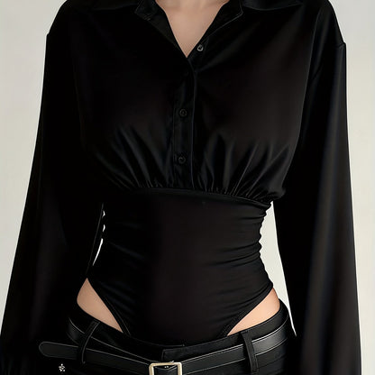 Damen Body Bluse Langarm Hemdblusen-Stil mit geraffter Taille