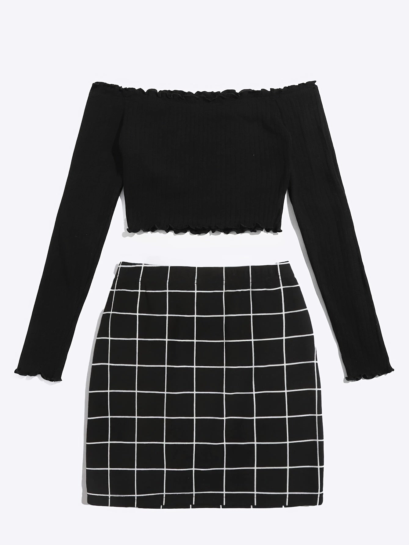 Damen Zweiteiler Set – Off-Shoulder Oberteil & Karierten Minirock, Modernes Party- und Freizeit-Outfit