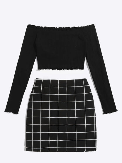 Damen Zweiteiler Set – Off-Shoulder Oberteil & Karierten Minirock, Modernes Party- und Freizeit-Outfit