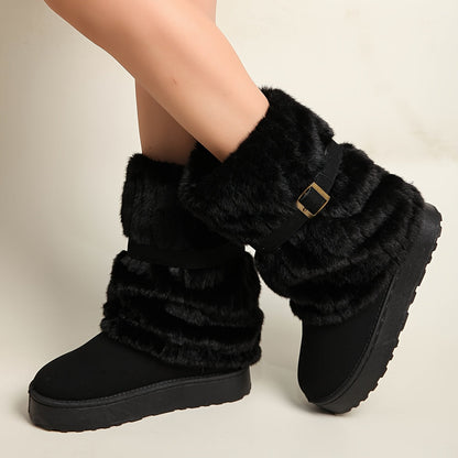 Damen Winterstiefeletten mit Kunstfell und Schnalle, Fesselhoch