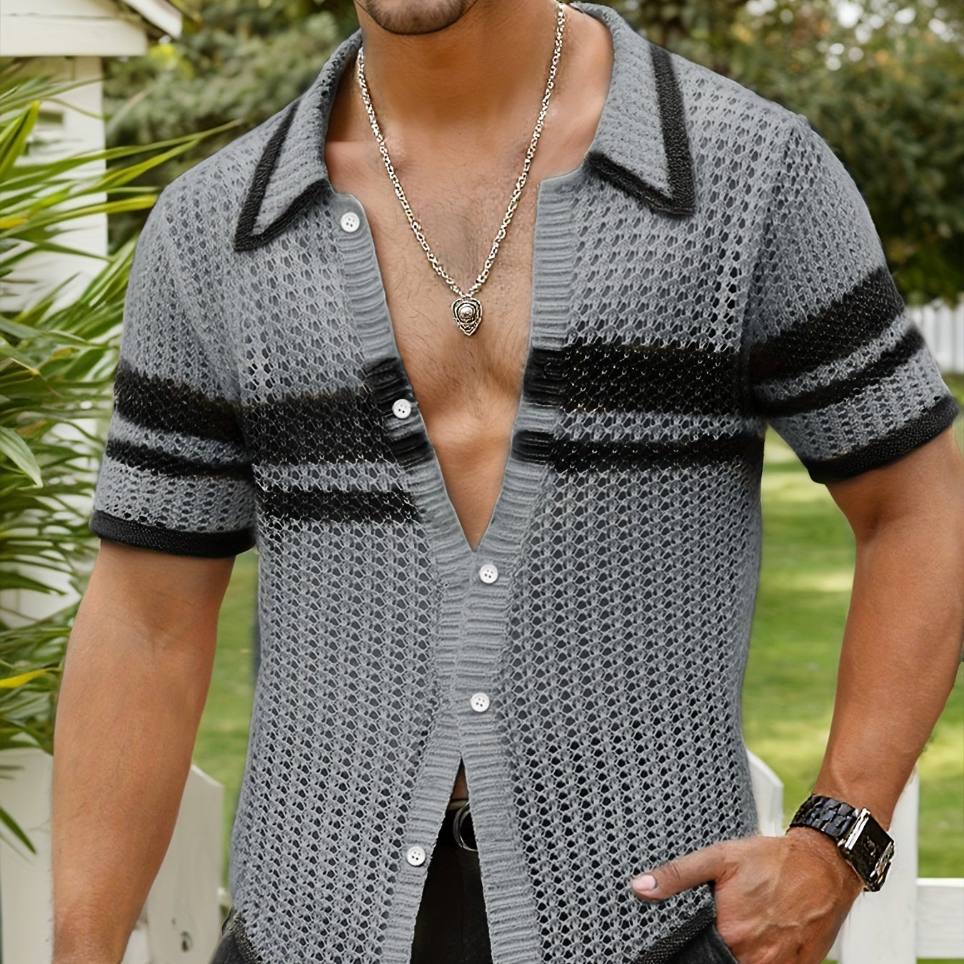 Herren Offene Strick-Poloshirt im Retro-Stil – Lässige Eleganz für Freizeit und Urlaub