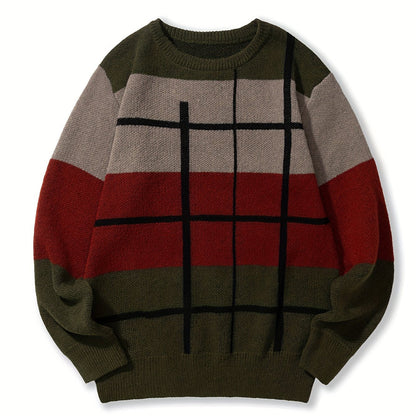 Unisex Rundhals Pullover mit Farbmuster und Karodesign