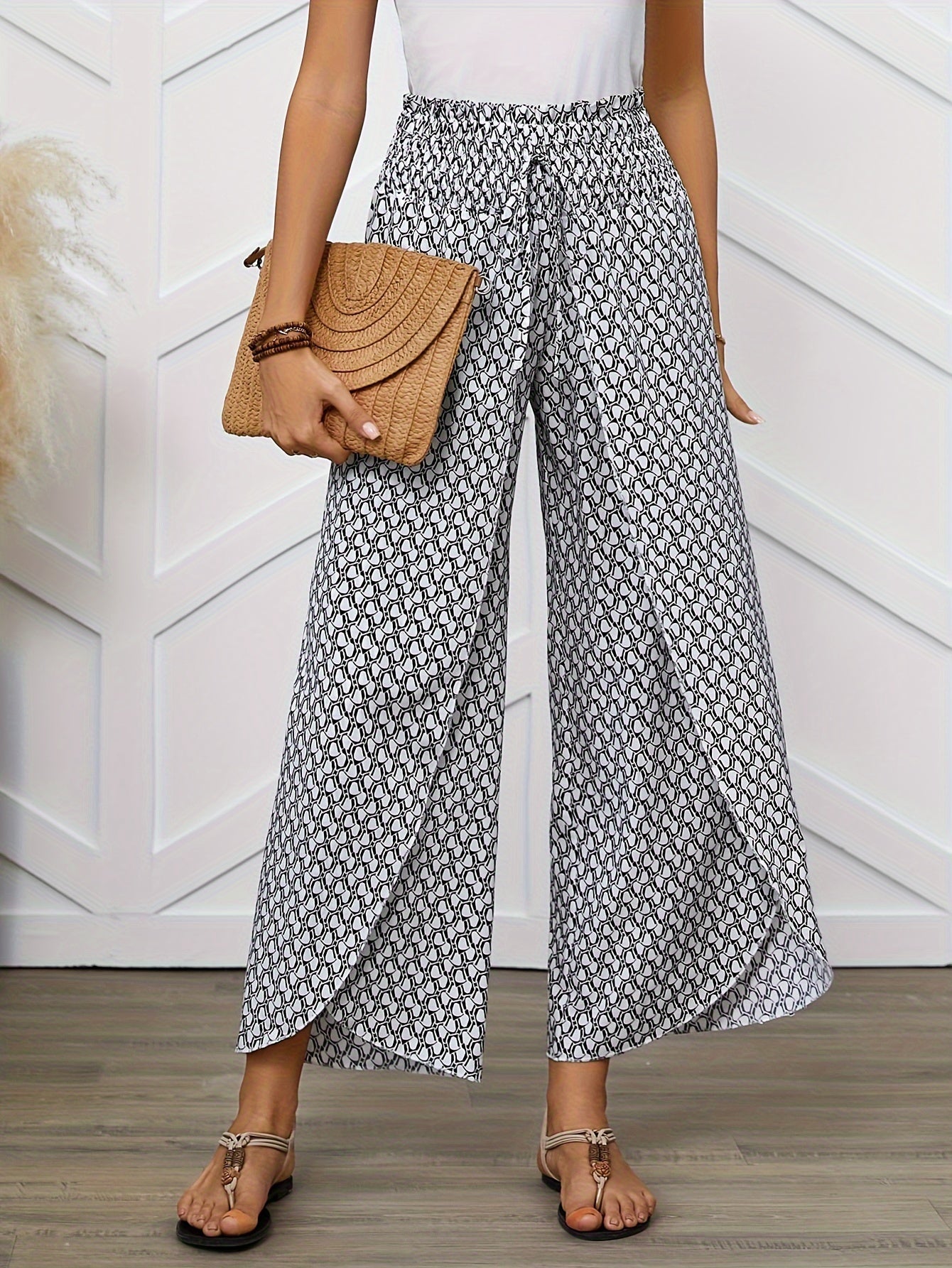 Damen Weite Bein Hose mit geometrischem Muster – Eleganter Sommer-Look für Freizeit und Alltag