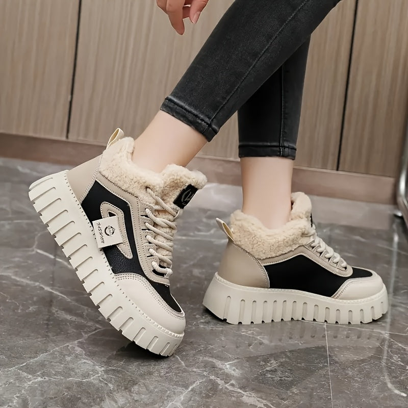 Damen Winter Sneaker High-Top mit dicker Sohle und Teddyfutter, Schwarz Beige