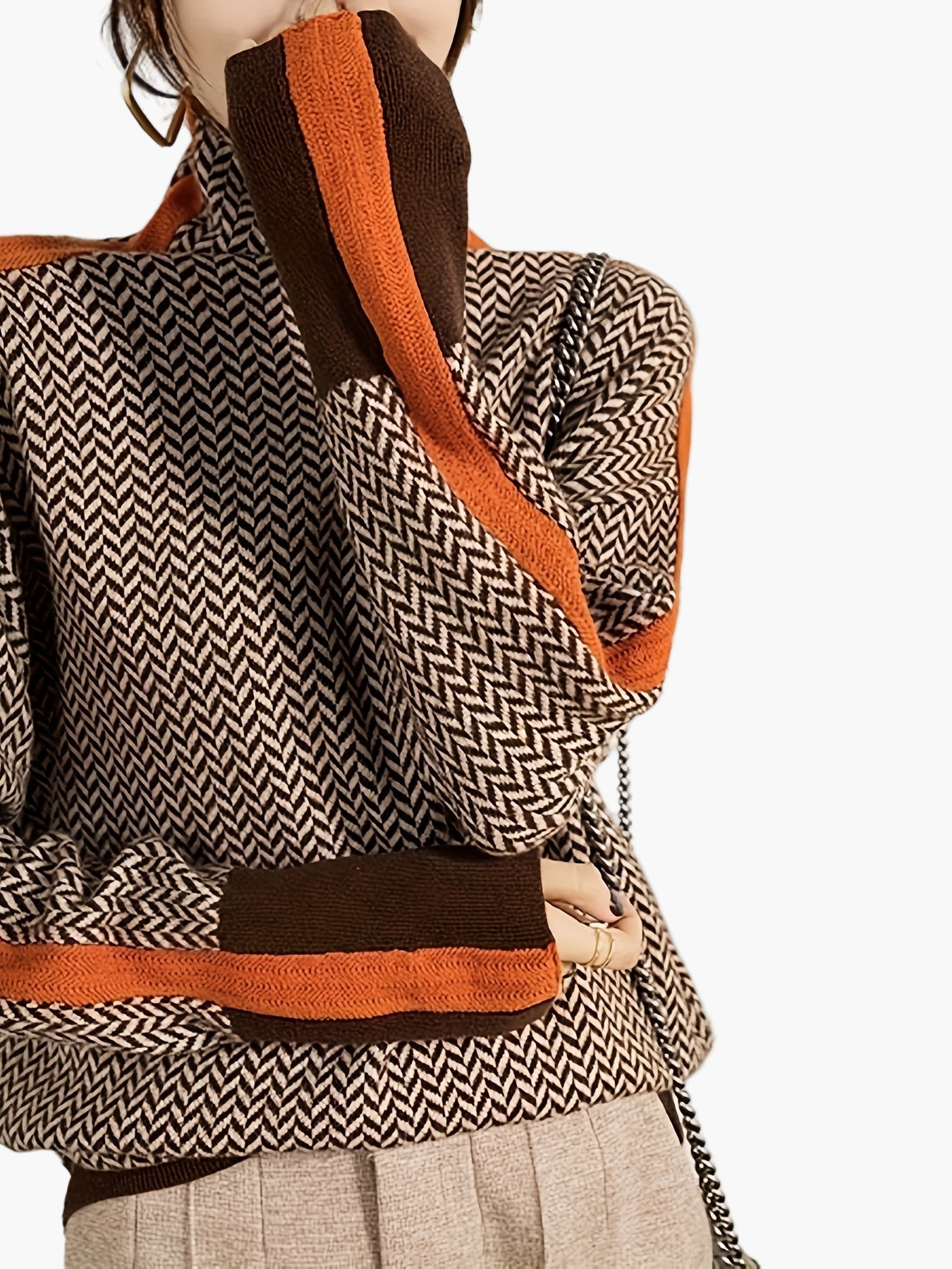 Damen Eleganter Strickpullover mit Stehkragen und modernem Patchwork-Muster – Herbst/Winter Freizeit & Büro