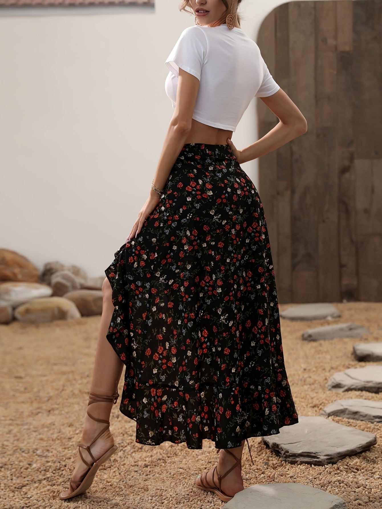 Damen Eleganter Maxirock mit Blumenmuster und Volant, Sommer Freizeitmode