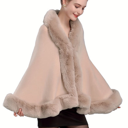 Damen Cape mit Kunstpelzbesatz – Weit Geschnitten