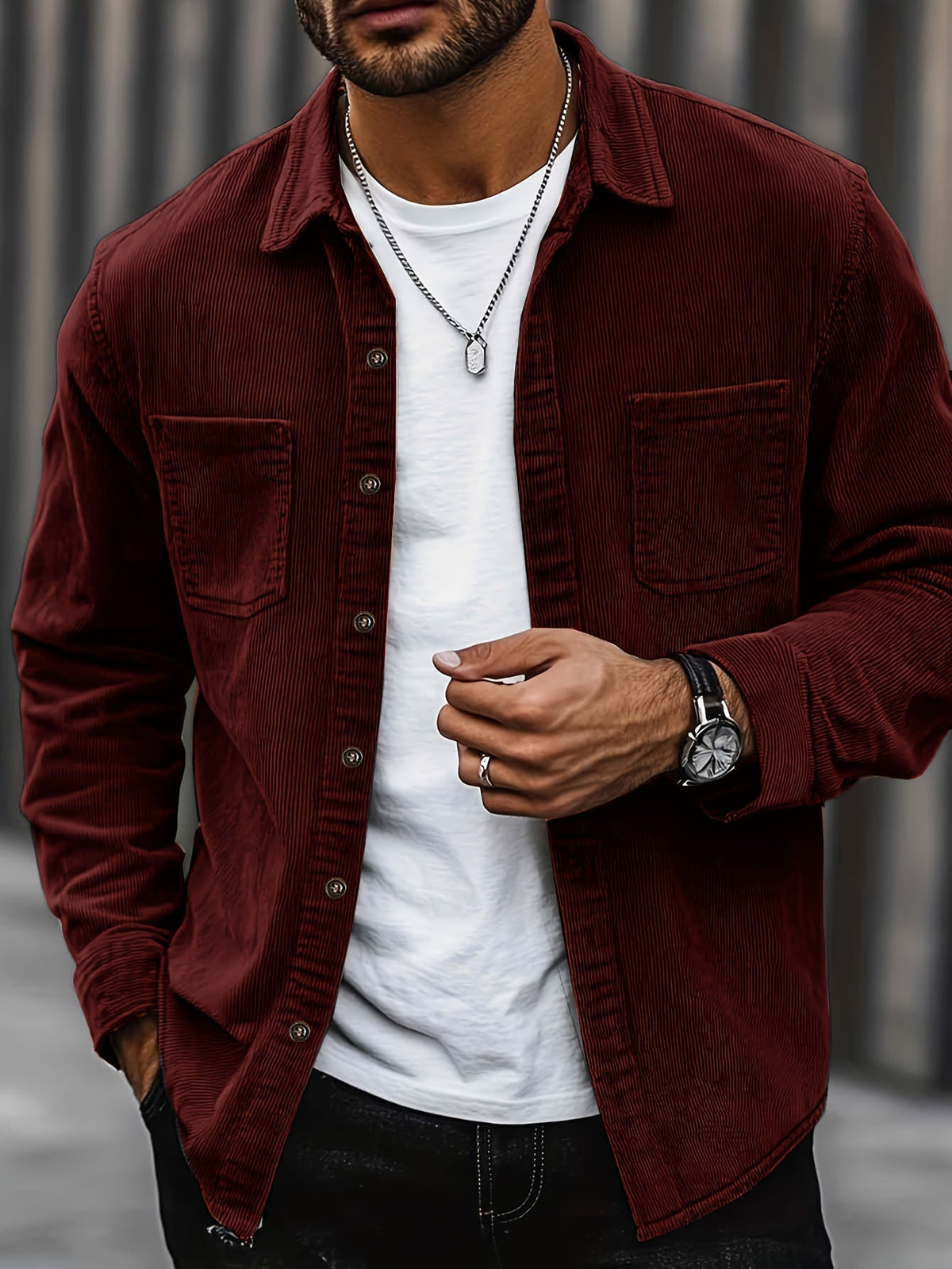 Herren Cordhemd Overshirt mit zwei Brusttaschen Langarm Freizeithemd