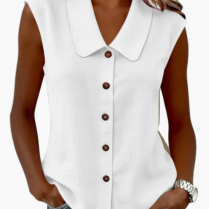 Damen Blusentop ohne Ärmel mit Knopfleiste und großem Kragen – Eleganter Freizeitstil für Alltag und Büro