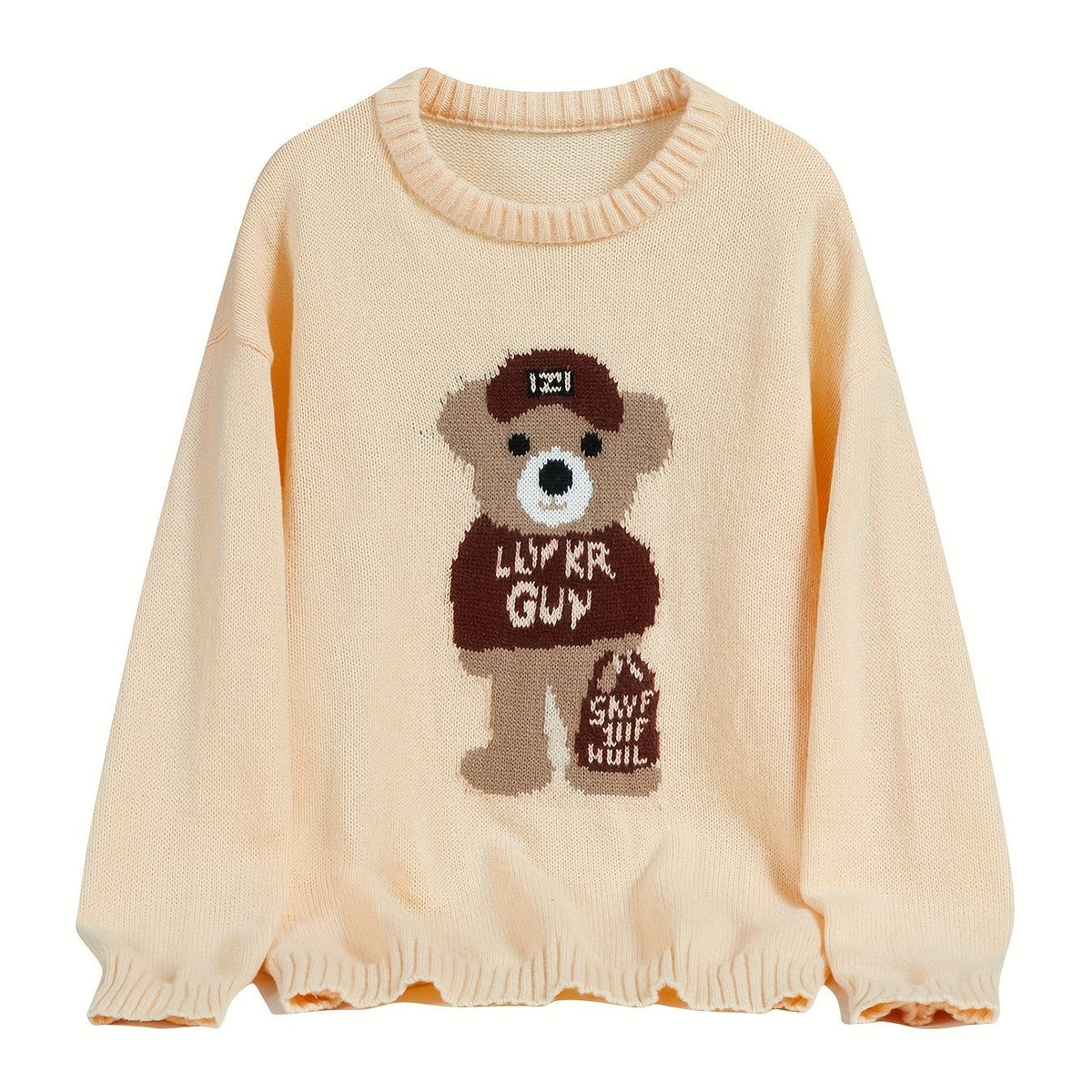 Unisex Strickpullover mit Teddybär-Muster Rundhalsausschnitt Langarm