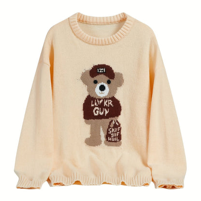 Unisex Strickpullover mit Teddybär-Muster Rundhalsausschnitt Langarm