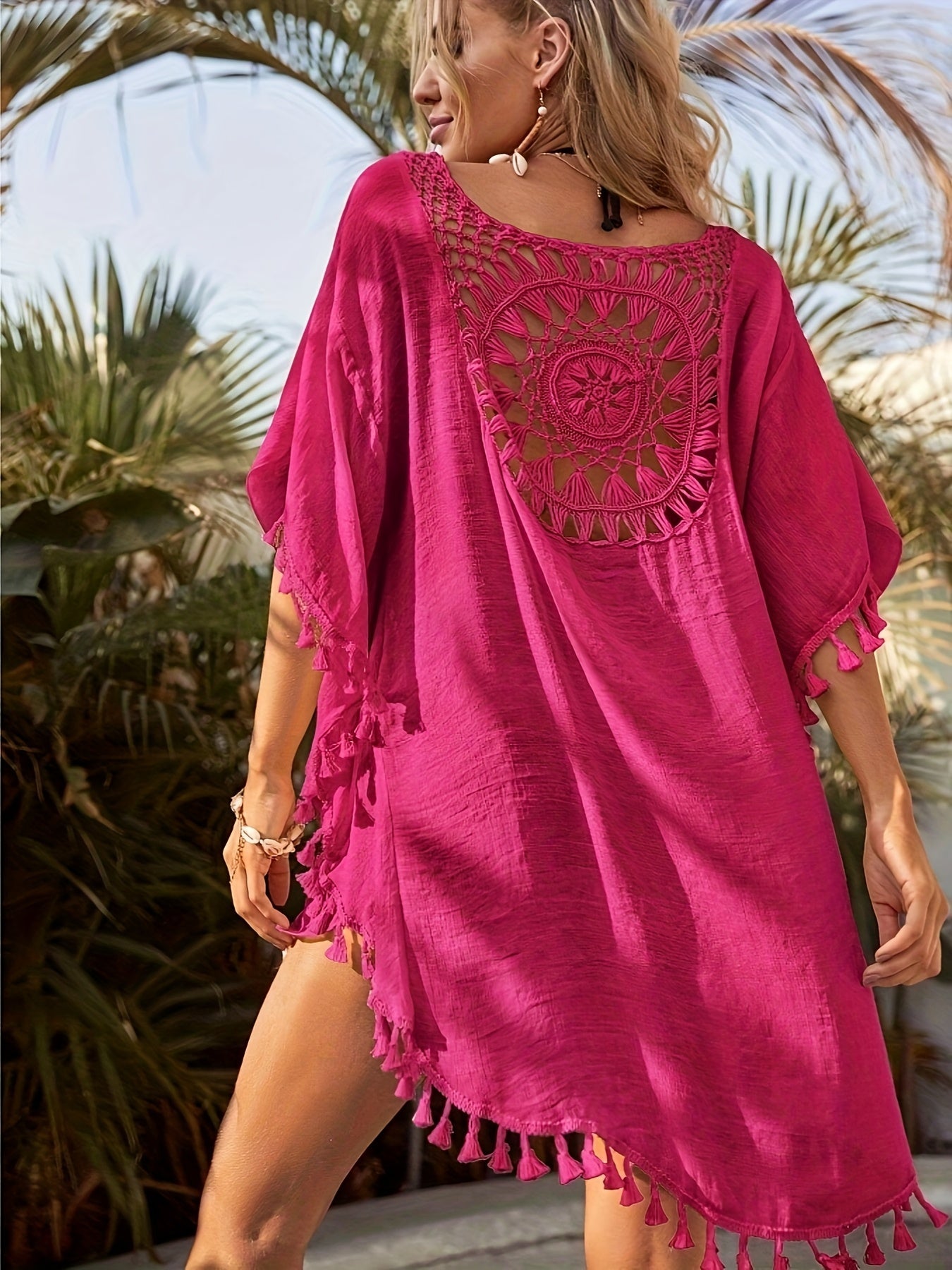 Damen Boho Strand Tunika Häkel-Überwurf mit Fransen – Lässiges Bade-Outfit
