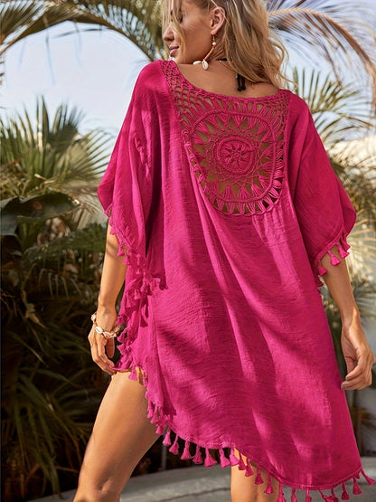 Damen Boho Strand Tunika Häkel-Überwurf mit Fransen – Lässiges Bade-Outfit