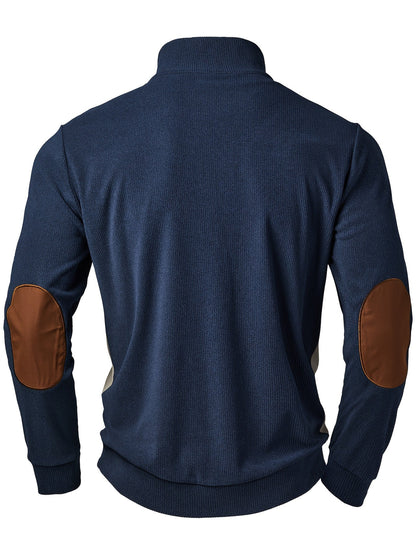 Herren Strickpullover Blau Beige mit Stehkragen und Ellenbogen-Patches