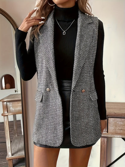 Damen Weste Fischgrätmuster Lang Elegant Ärmellos Grau Weiß