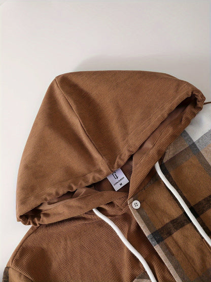 Herren Kariertes Kapuzenhemd im Patchwork-Design mit Kord