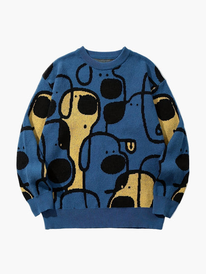 Herren Pullover mit abstraktem Hunde-Muster, lockerer Strick, ideal für Herbst und Winter, Casual Style