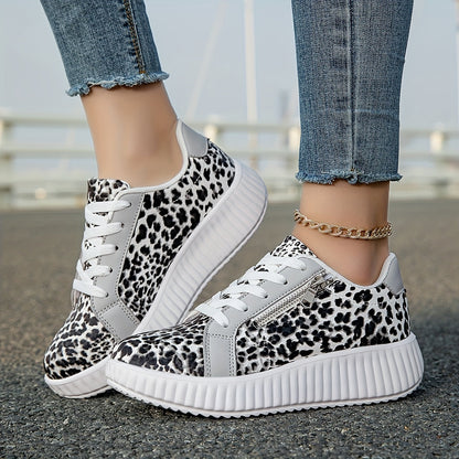 Damen Plateausneaker mit Leopardenmuster und Reißverschluss – Modische Freizeitschuhe für Alltag und Streetstyle