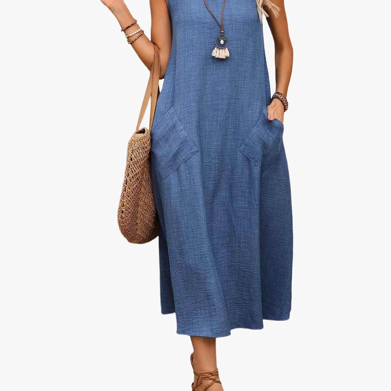 Damen Freizeit Midikleid ärmellos mit Taschen – Sommer Boho Look für Alltag und Urlaub