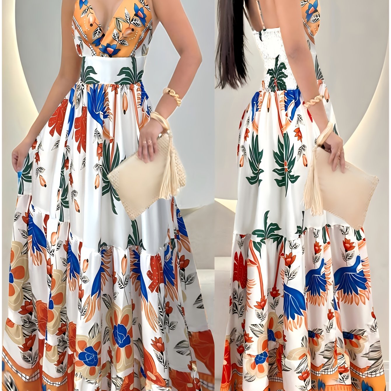 Damen Maxikleid mit tropischem Print und Volantrock – Elegantes Boho Sommerkleid für besondere Anlässe