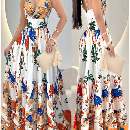Damen Maxikleid mit tropischem Print und Volantrock – Elegantes Boho Sommerkleid für besondere Anlässe