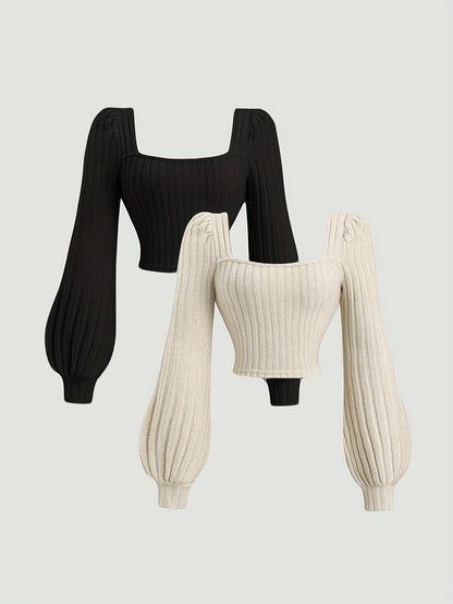 Geripptes Crop-Top Damen mit Puffärmeln & eckigem Ausschnitt