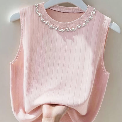 Damen Elegantes Stricktop mit Perlenbesatz – Ärmelloses Oberteil für modische Anlässe