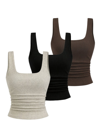 Damen Rippstrick Top mit breiten Trägern und eckigem Ausschnitt – Figurbetontes Basic Tanktop für Alltag und Freizeit