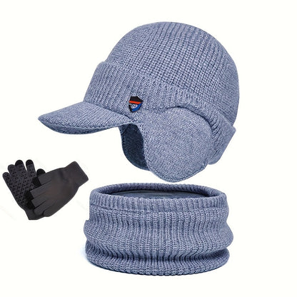 Unisex Winter Set Strickmütze mit Visier und Ohrenklappen, Rundschal und Handschuhe