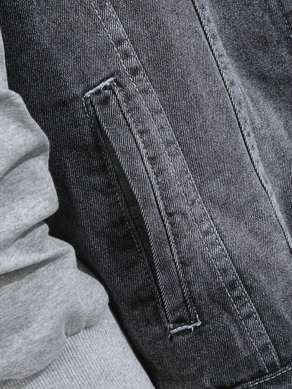 Herren Jeansjacke mit Kapuze Denim und Sweatstoff Ärmel Grau
