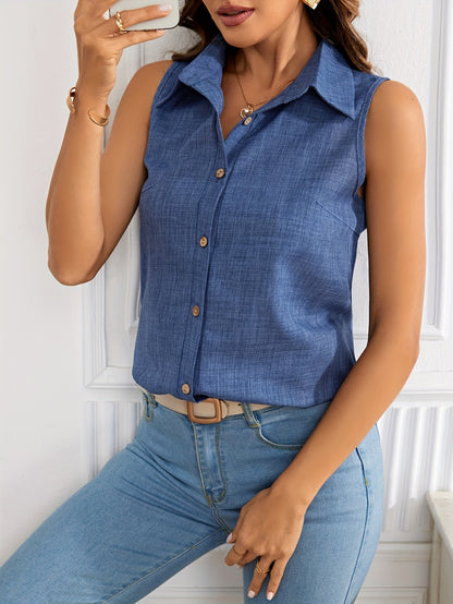 Damen ärmellose Bluse mit Knopfleiste und Polokragen – Eleganter Sommer-Look für Büro und Freizeit
