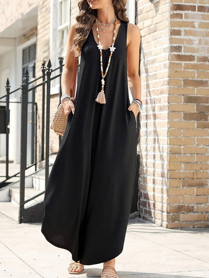 Damen Weites Sommer-Jumpsuit mit V-Ausschnitt und Taschen – Lässiger Einteiler für Alltag und Urlaub