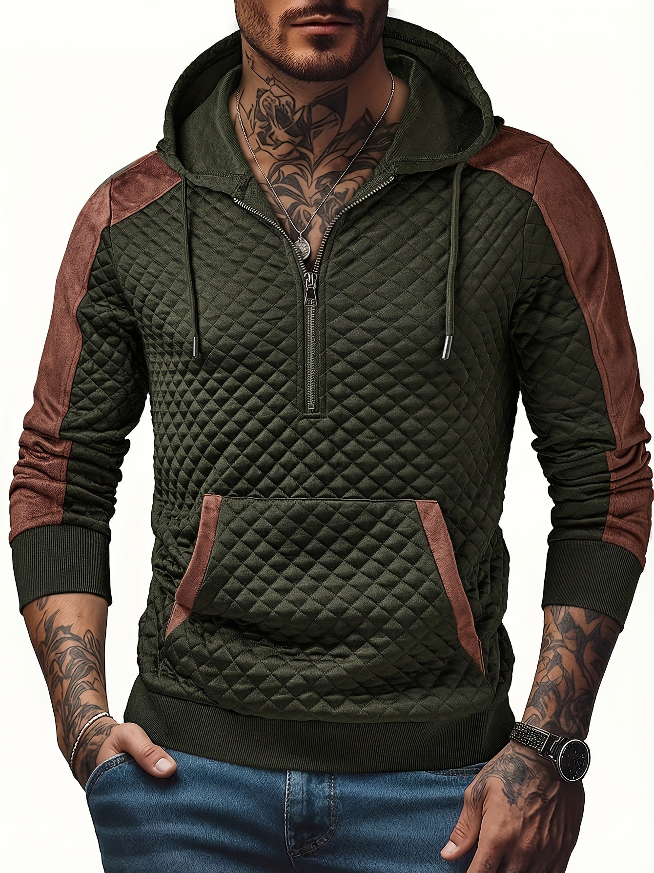 Herren Hoodie mit Steppmuster und Kontrastärmeln Reißverschluss Kapuzenpullover