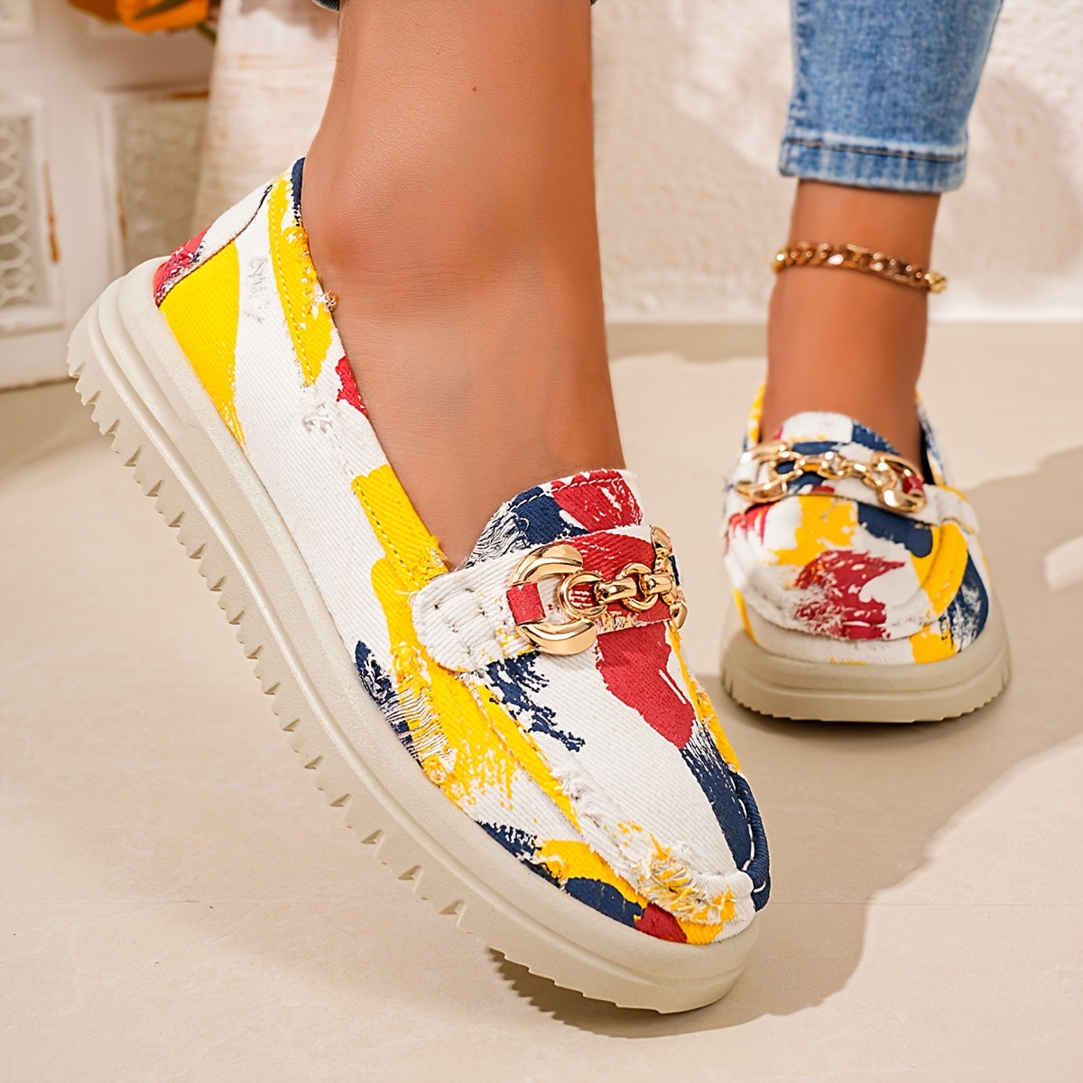 Damen Slip-On Loafer mit modischem Kettendetail – Bequeme Freizeitschuhe für Alltag und Frühling
