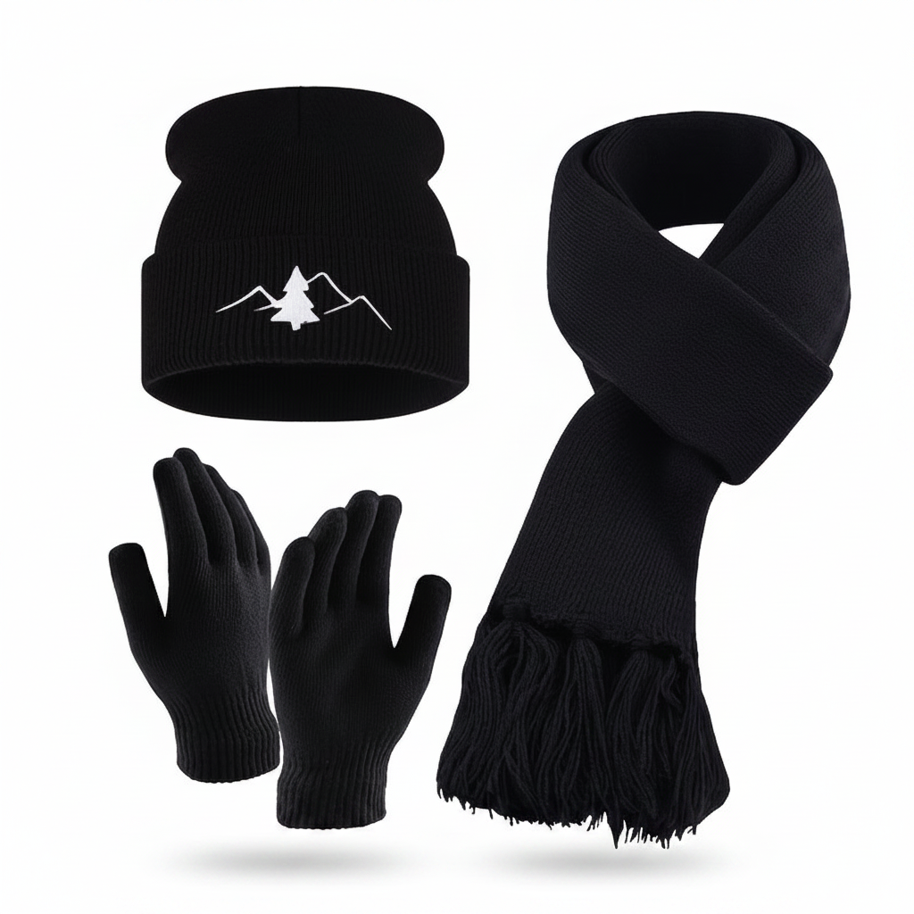 Mützen Schal Handschuh Set Unisex gerippt mit Stickerei