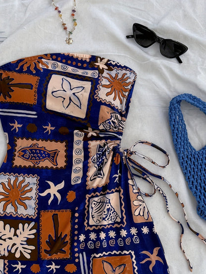 Damen Bandeau Minikleid mit tropischem Strandmuster und seitlicher Schleife – Perfekt für Urlaub & Sommeroutfits